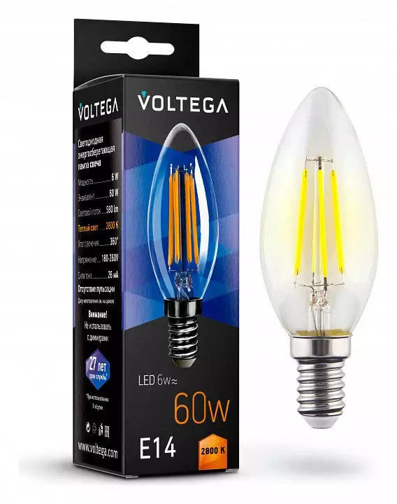Лампа светодиодная Voltega Crystal E14 6Вт 2800K 7019